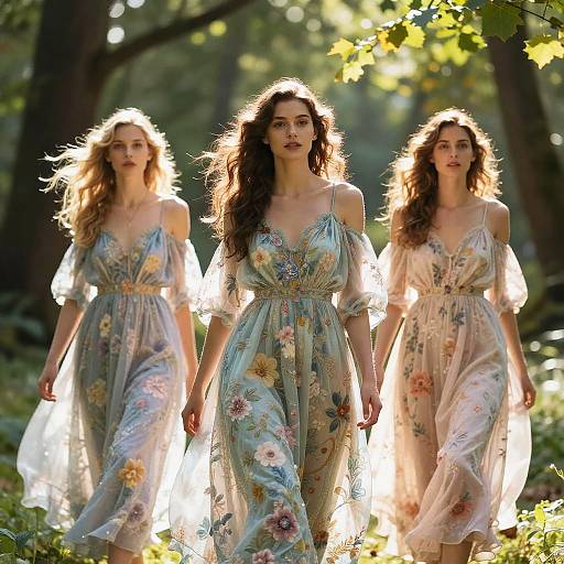 Women in Flowing Floral Dresses in Enchanted Forest