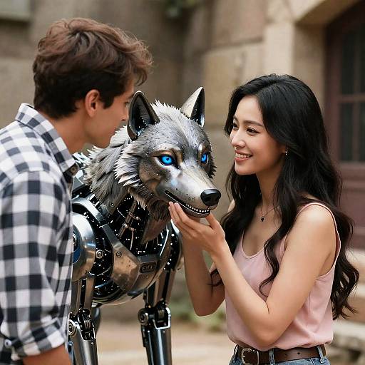 Woman Interacting with a Robotic Wolf