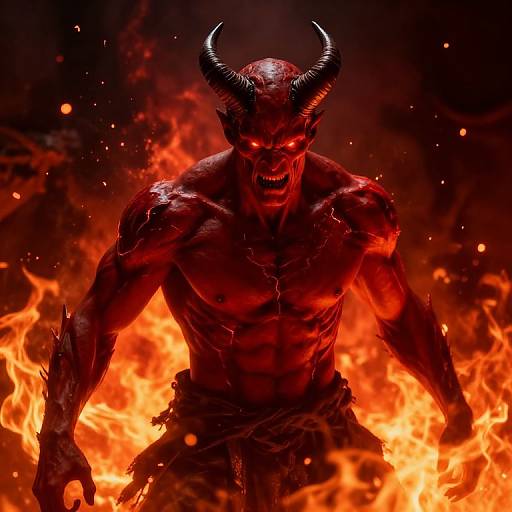 Photograph of a muscular, red-skinned demon with black horns, fiery orange background, and cracked skin, standing menacingly amid flames.
