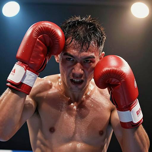 Sweaty Male Boxer with Red Gloves in Action