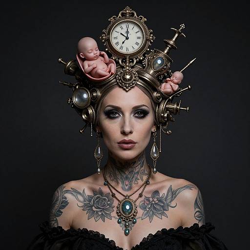 Photograph of a tattooed woman with intricate steampunk headpiece featuring clock, gears, and baby figurines, wearing black lace top against dark