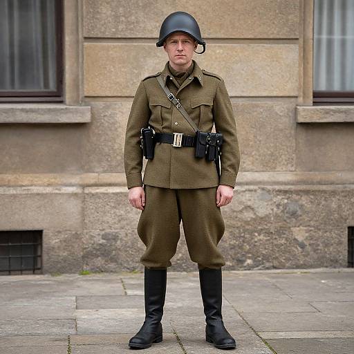Photograph of a young Caucasian male soldier in World War II-era British military uniform, black helmet, black boots, standing in front of a stone building