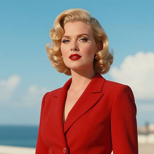 Photograph of a blonde woman with vintage curls, red lipstick, and a red blazer, standing against a bright blue sky and ocean backdrop.