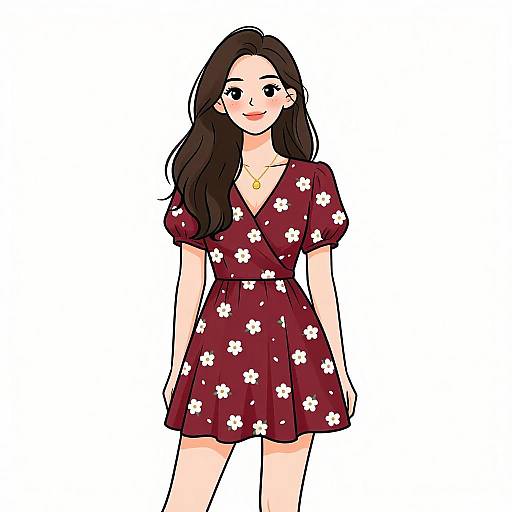 Digital illustration of a smiling young woman with long black hair, wearing a red floral dress, gold necklace, and white background.
