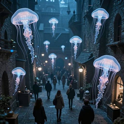Photograph of a dimly lit, cobblestone alley adorned with glowing blue jellyfish lanterns, people walking, and brick buildings on either side