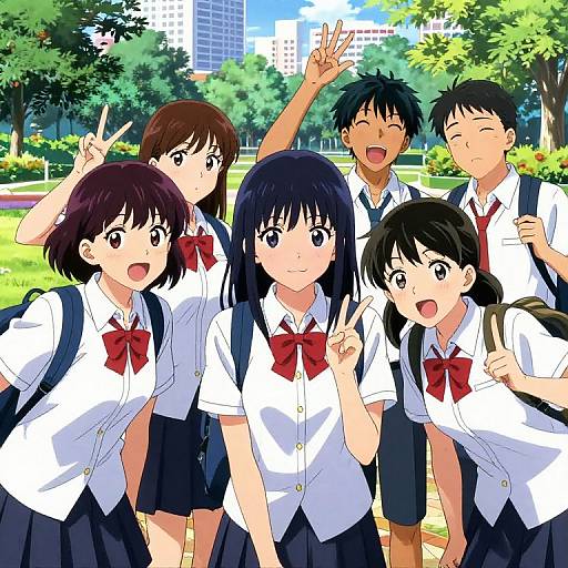 Anime-style digital drawing of six Japanese schoolchildren in white shirts and red bows, posing cheerfully outdoors with trees and buildings in the background.