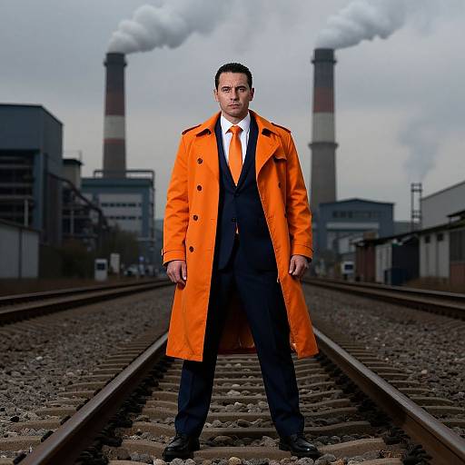 Photograph of a serious man in a bright orange trench coat, black suit, white shirt, and red tie, standing on train tracks with industrial smoke