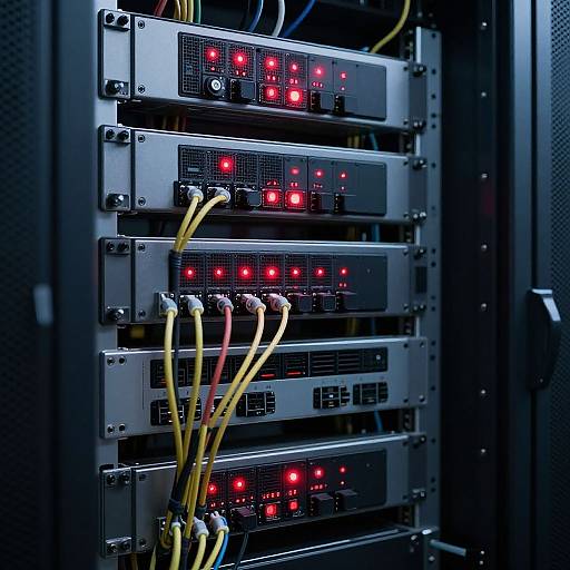 Photograph of a server rack with multiple black metal units, each lit by red LED lights, connected by yellow and white cables.