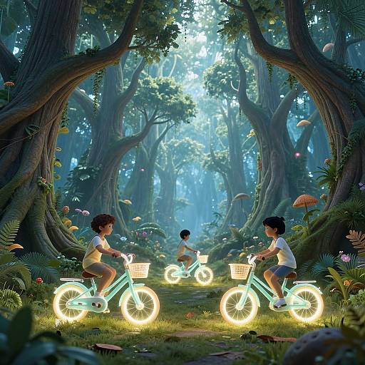 Digital artwork of two glowing-green bicycles with children riding, illuminated by fairy lights in a mystical, enchanted forest with mushrooms and lush greenery.