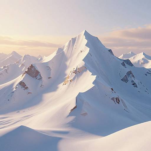 Photograph of a sunlit, snow-covered mountain range with sharp peaks, bright sunlight casting dramatic shadows, and a clear, pale blue sky in the