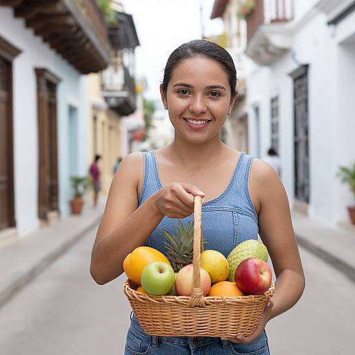 Young Latina woman with dark hair in blue tank top, smiling, holding wicker basket with fruits, standing on narrow, white-walled street.