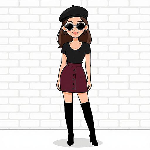 Digital drawing of a stylish woman with round sunglasses, black beret, black top, maroon buttoned skirt, and black knee-high boots, standing