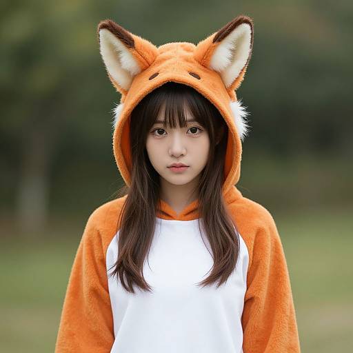 Photograph of an Asian girl with long black hair wearing an orange fox hoodie with ears, white shirt, and green blurred forest background.