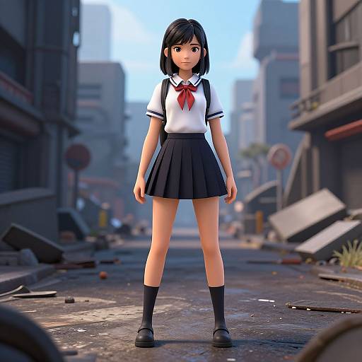 Anime Style Schoolgirl in Post-Apocalyptic City