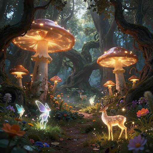 Mystical Fantasy Forest with Glowing Mushrooms