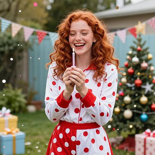 Photograph of a smiling red-haired woman with curly hair, wearing a white polka dot dress, holding a candle, in a festive backyard with a
