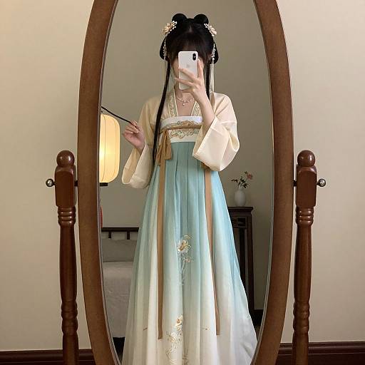 Photograph of a woman with long black hair in a traditional Korean hanbok, reflected in an oval wooden mirror, holding a phone. Background includes