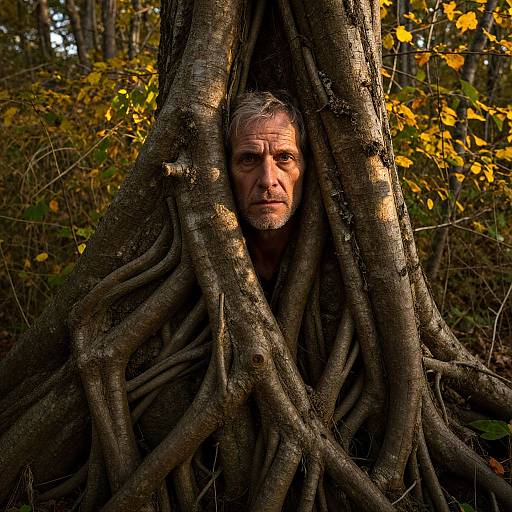 Photograph of a middle-aged man with gray hair and serious expression, hidden among the thick, twisting roots of a large tree in a forest with yellow
