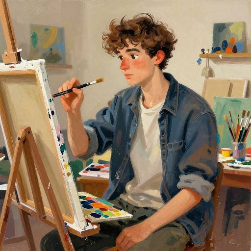 Digital painting of a curly-haired young man in a blue denim shirt, painting on an easel in a brightly lit studio.