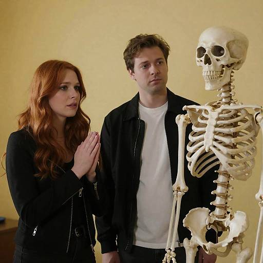 Two People Observing Human Skeleton Model