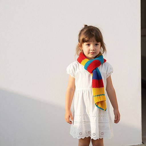 Photograph of a young girl with brown hair, wearing a white dress and a colorful, chunky knit scarf, standing against a bright white background.