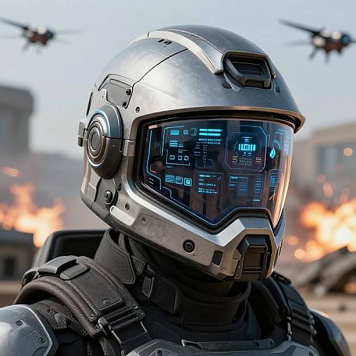 CGI image of a futuristic soldier in a metallic helmet with a holographic visor, set against a background of explosions and flying drones.