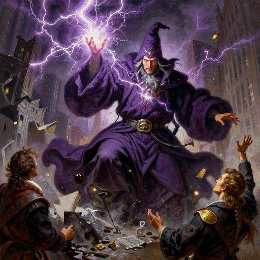 Digital fantasy artwork: Powerful wizard in purple robe with pointed hat, glowing purple lightning in hand, dominates chaotic city street, two frightened men with raised hands