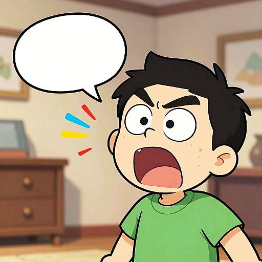 Cartoon boy with black hair, green shirt, wide eyes, and open mouth shouting in a beige room with wooden furniture. Speech bubble is blank.