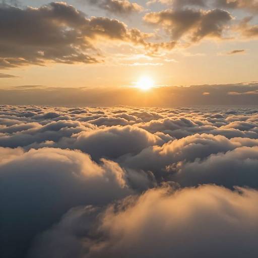 Photograph of a dramatic sunset over a thick layer of golden-hued, fluffy clouds, with the sun partially obscured by dark, scattered clouds in the