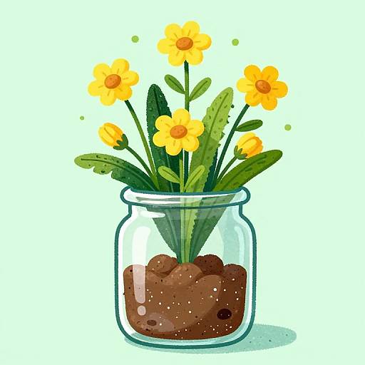 Digital illustration of a clear glass jar filled with brown soil, containing vibrant yellow flowers with green leaves, against a white background.