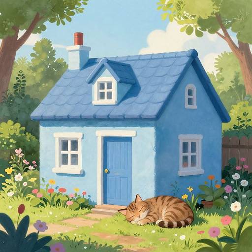 Cozy Blue Cottage with Tabby Cat