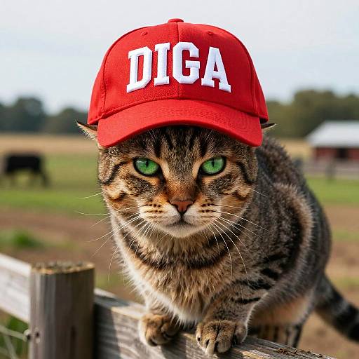 Tabby Cat Wearing Red MAGA Cap in Rural Setting