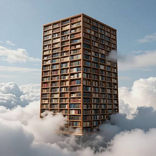 Photograph of a tall, brown, rectangular skyscraper with numerous windows, partially obscured by white clouds, against a blue sky.