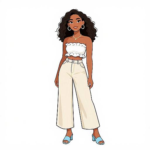 Digital illustration of a stylish Black woman with curly hair, wearing a white strapless crop top, high-waisted cream pants, and blue sandals,