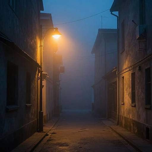 Photograph of a foggy, dimly-lit, narrow alleyway at twilight, with a glowing streetlamp casting a warm orange hue on weather