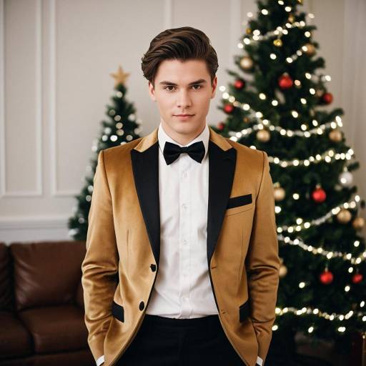 Young man in gold tuxedo near Christmas tree