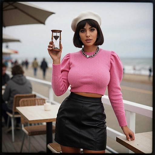 Photograph of a confident woman with short black hair, pink sweater, black skirt, white beret, and necklace, holding a small glass. Beach