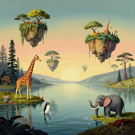 Whimsical digital illustration of a serene lake at sunset, featuring floating islands with trees, giraffes, elephants, penguins, and various wildlife