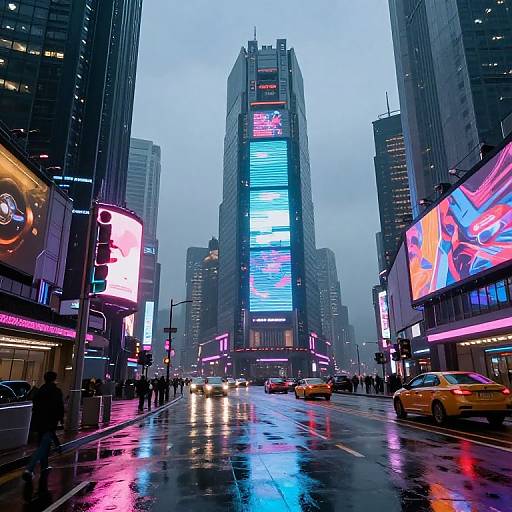 Photograph of a rainy, neon-lit New York City street with towering skyscrapers, bright digital billboards, and yellow taxis on a wet