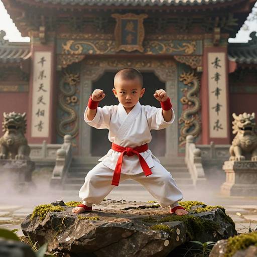 Photograph of a young Asian boy in a white karate gi with red belt, standing in a martial arts stance on a mossy rock, in