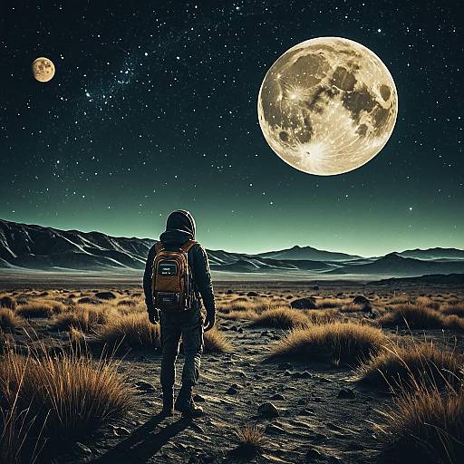 Nomad on Alien Planet Under Large Moon