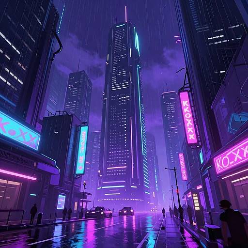 Neon-lit, rain-soaked cyberpunk city street at night, featuring towering skyscrapers with glowing blue and pink signs, reflective wet pavement