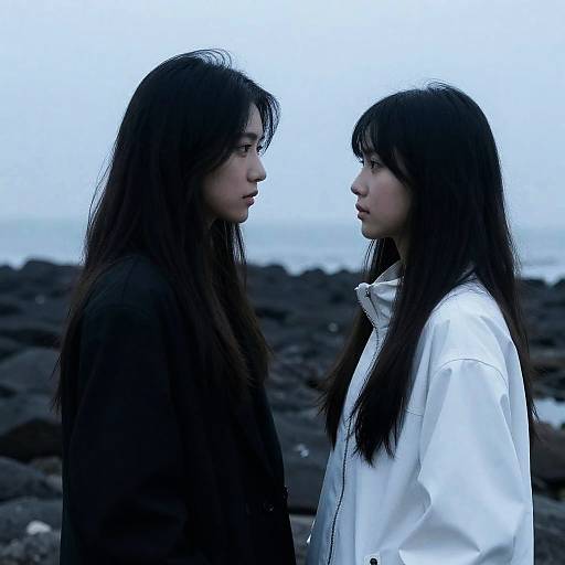 Two Women Facing Each Other by Rocky Shore