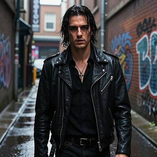 Photograph of a wet-haired, intense-looking man in a black leather jacket and black shirt, standing in a graffiti-covered, rainy alleyway.