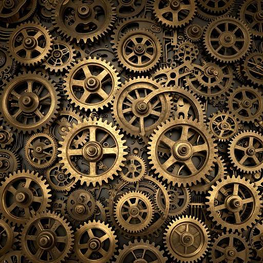 Photograph of intricate, golden gear mechanisms with varying sizes and tooth counts, set against a dark, black background, creating a complex, steampunk
