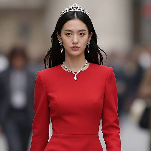 Photograph of an East Asian woman with long black hair, wearing a red long-sleeve dress, silver tiara, and necklace, walking confidently