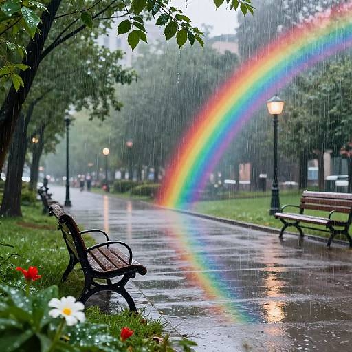 Photograph of a rainy park with vibrant rainbow, wet benches, lush greenery, red and white flowers, and street lamps.