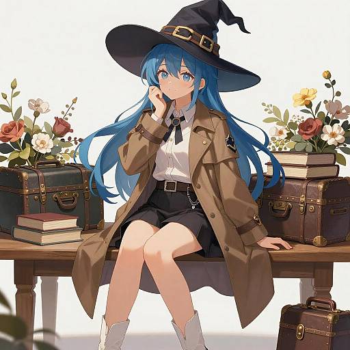 Blue-Haired Anime Witch Sitting