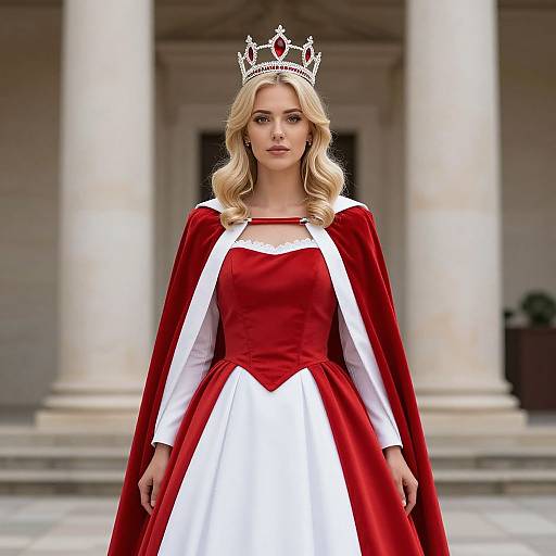 Blond Woman in Red and White Regal Attire