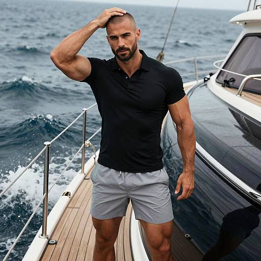 Photograph of a muscular, bearded man in a black polo and gray shorts, standing on a yacht deck with ocean waves in the background. He